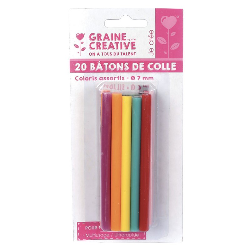 20 Recharges Bâtons Colle Couleurs Assorties Ø7mm pour Pistolet - Graine Créative