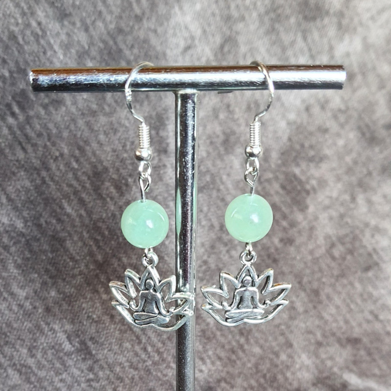 Boucles d'Oreilles Aventurine Verte et Bouddha Lotus