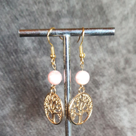 Boucles d'Oeilles Rhodocrosite et Arbre de Vie Doré