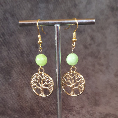 Boucles d'Oreilles Jade Flower et Arbre de Vie Doré