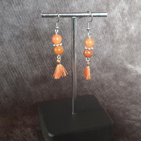 Boucles d'Oreilles 2 Aventurines Orangées et Pompons Oranges