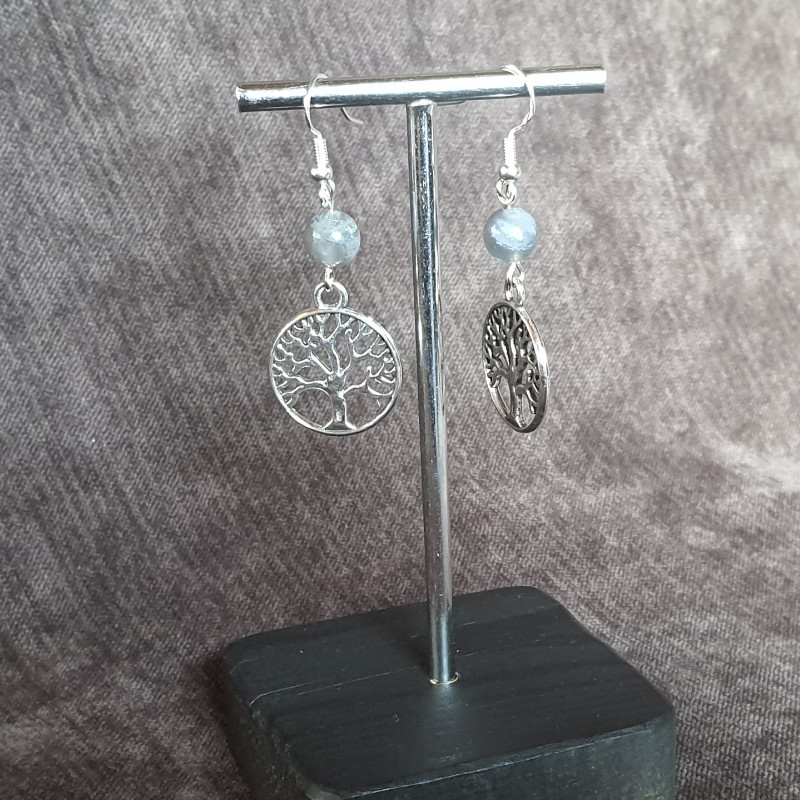 Boucles d'Oreilles Labradorite Grise et Arbre de Vie Argent