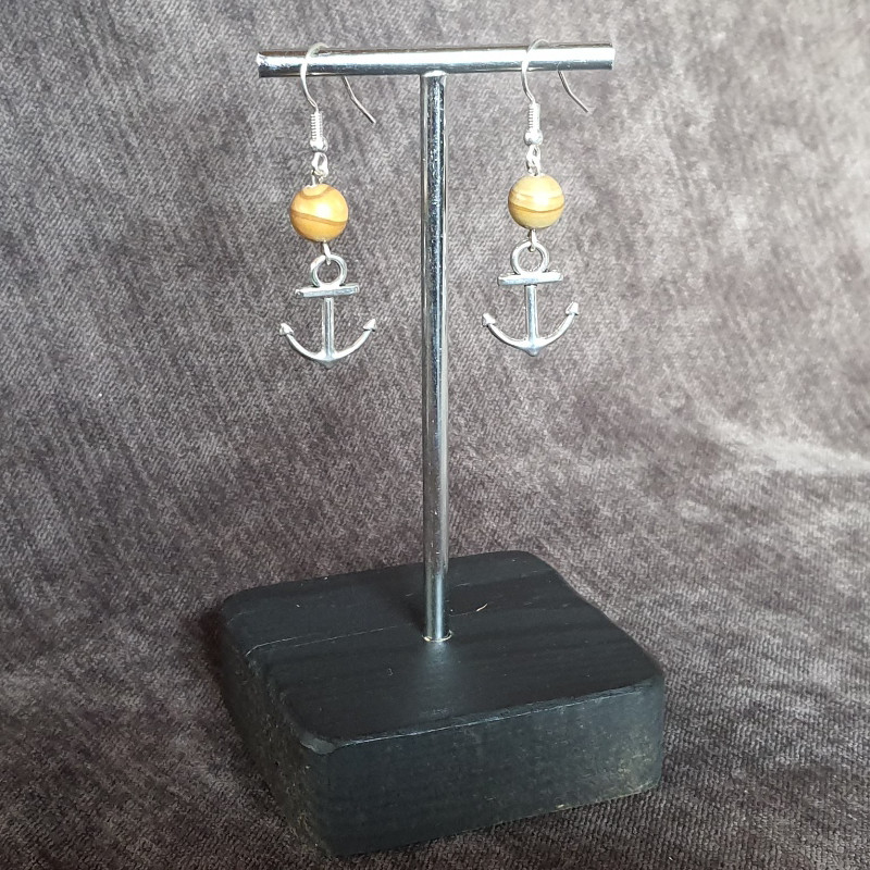 Boucles d'Oreilles Jaspe Bois et Ancres Marines