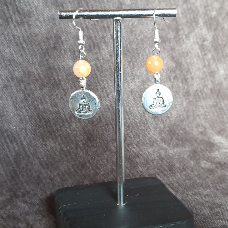 Boucles d'Oreilles Aventurine Orangée et Bouddha