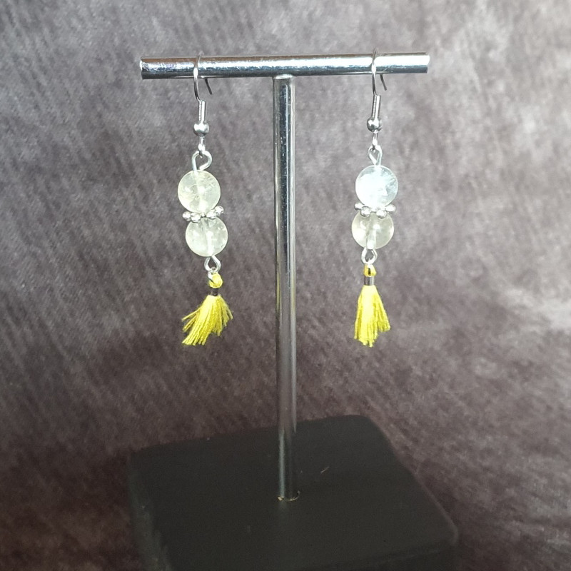 Boucles d'Oreilles 2 Citrines et Pompons Jaunes