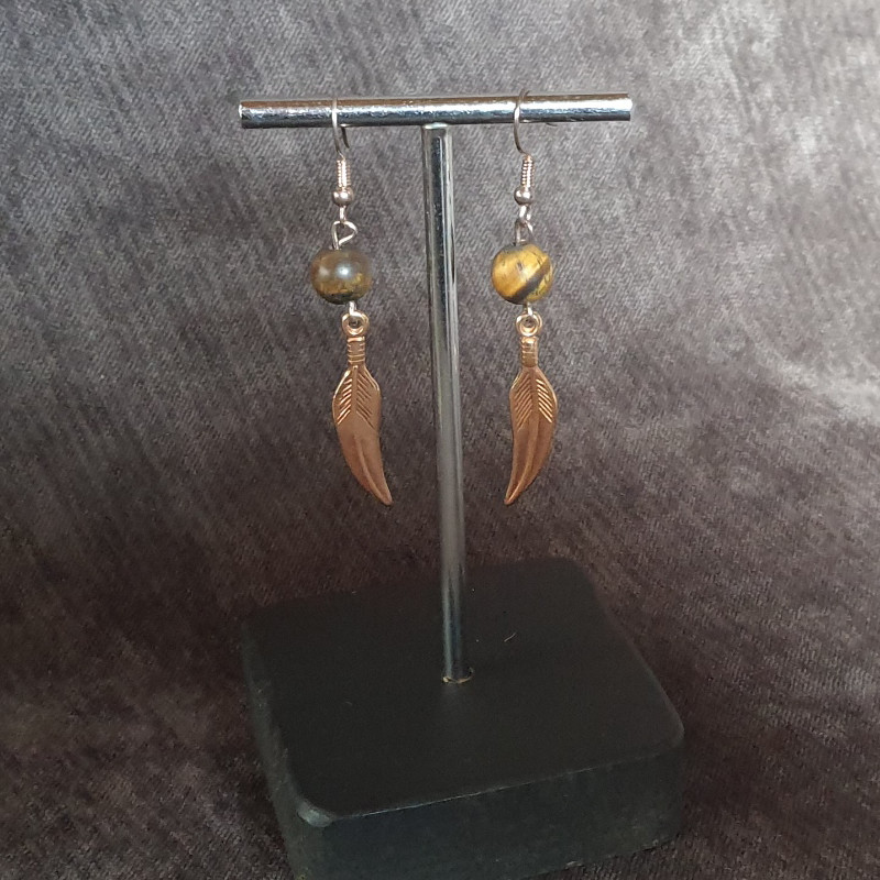 Boucles d'Oreilles Oeil de Tigre Mat et Plumes Or Rose