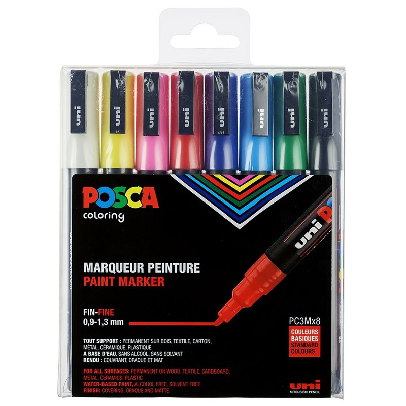 Kit Posca 8 Marqueurs PC-3M Pointe Fine - Couleurs Basiques